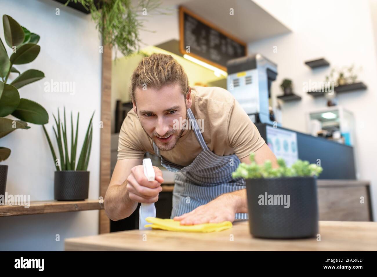 Attentive man wiping the surface with concentration Stock Photo
