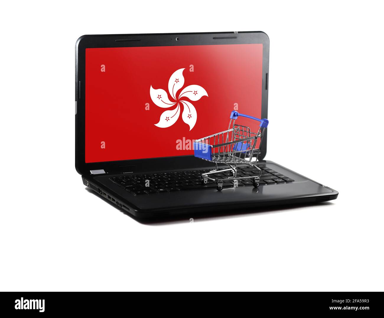 Isolated on white background laptop with Hong Kong flag on display