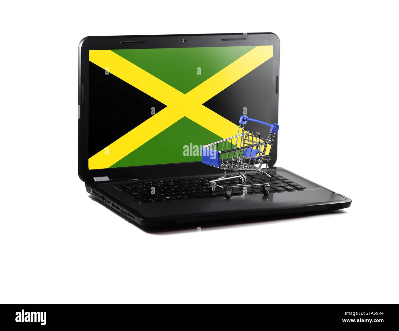 Isolated on white background laptop with Jamaica flag on display