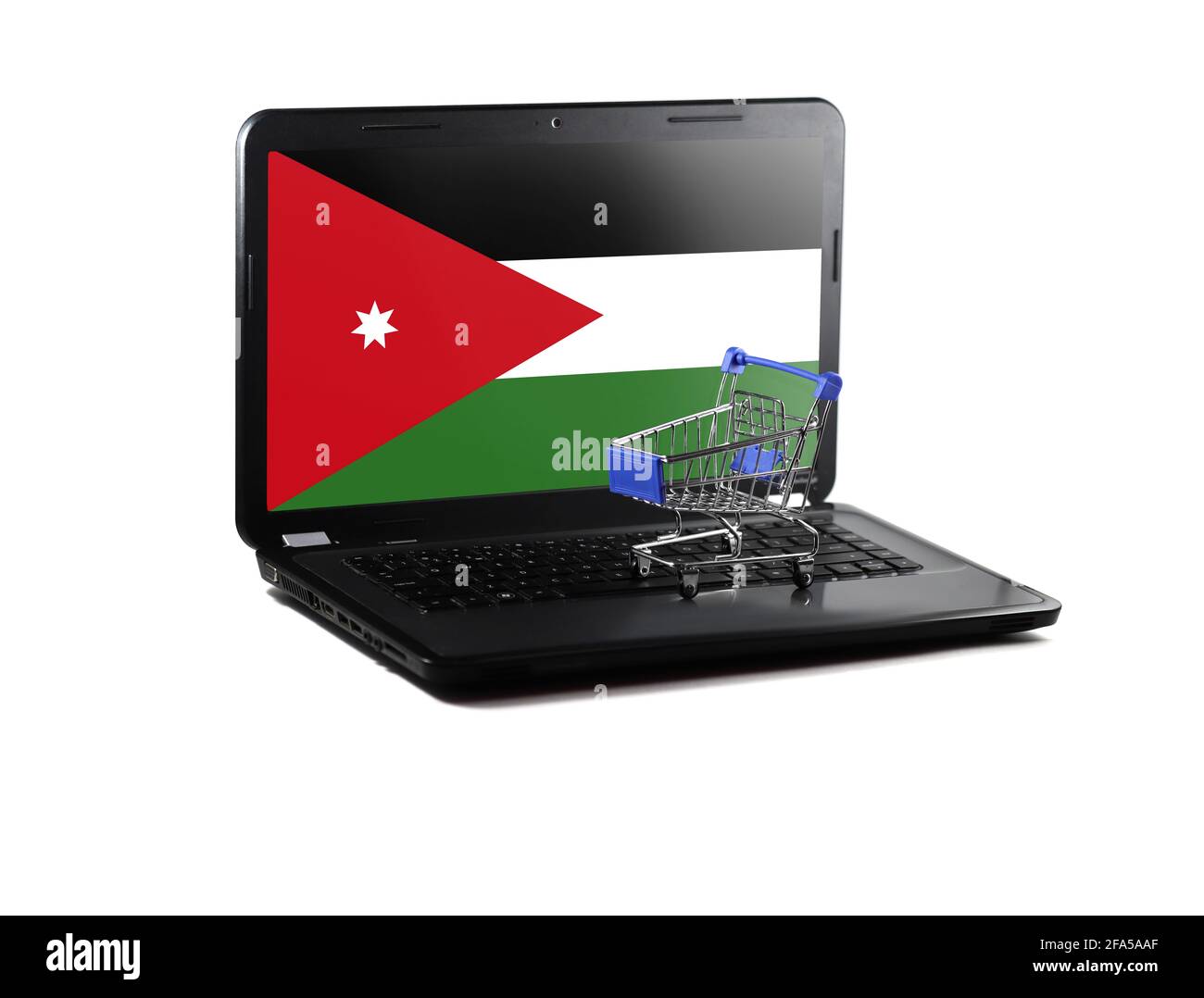 Isolated on white background laptop with Jordan flag on display, online