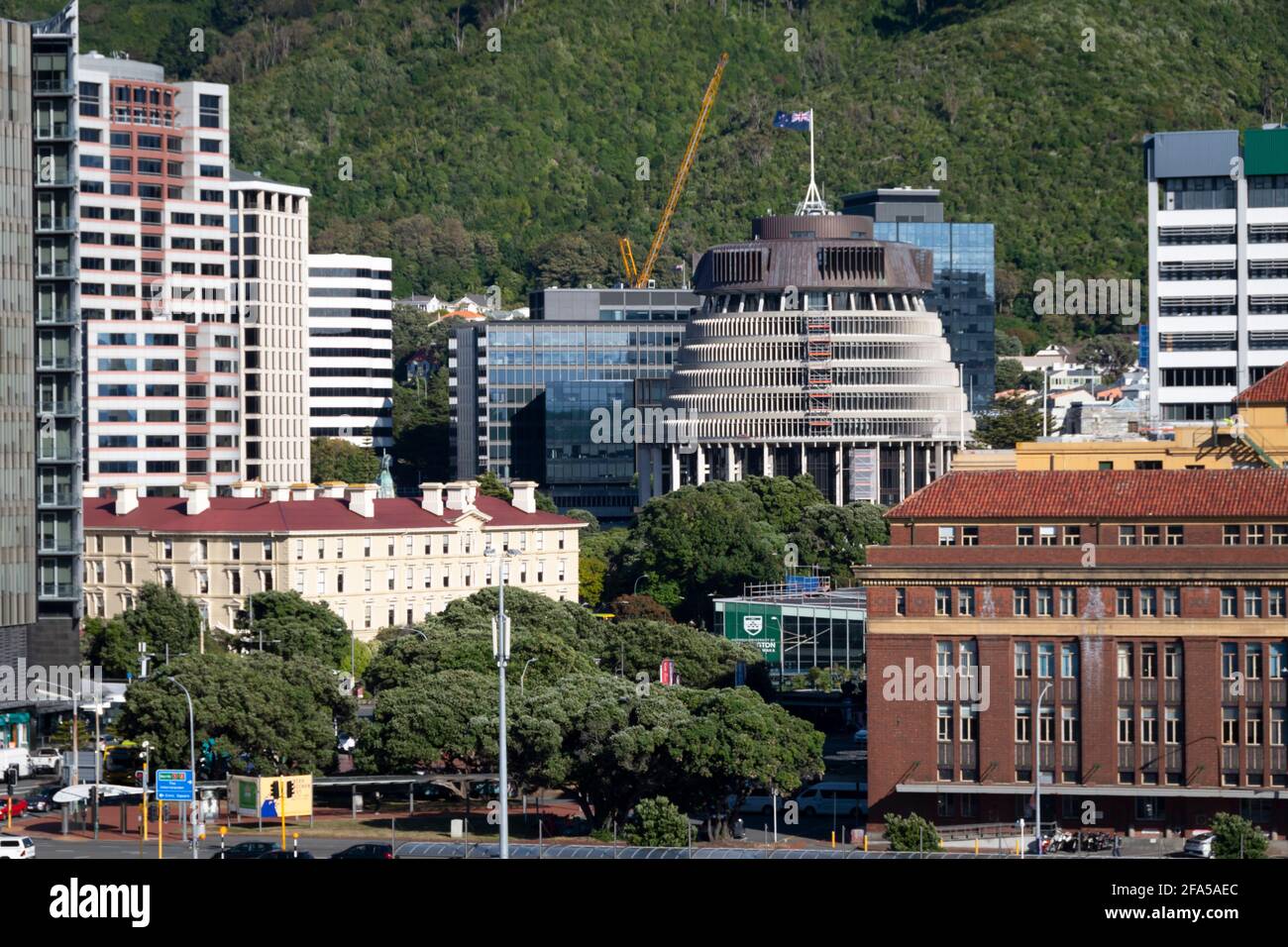 Office buildings, including The Beehive, New Zealand parliament offices, Wellington, North Island, New Zealand Stock Photo