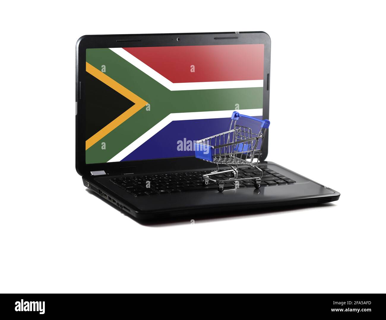 Isolated on white background laptop with South Africa flag on display