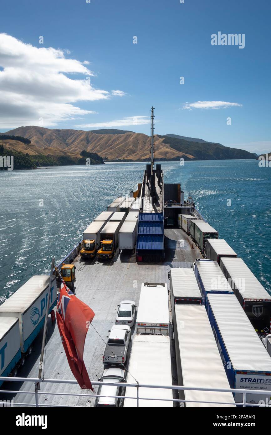 Trucks on the Bluebridge Cook Strait ferry in the Marlborough Sounds