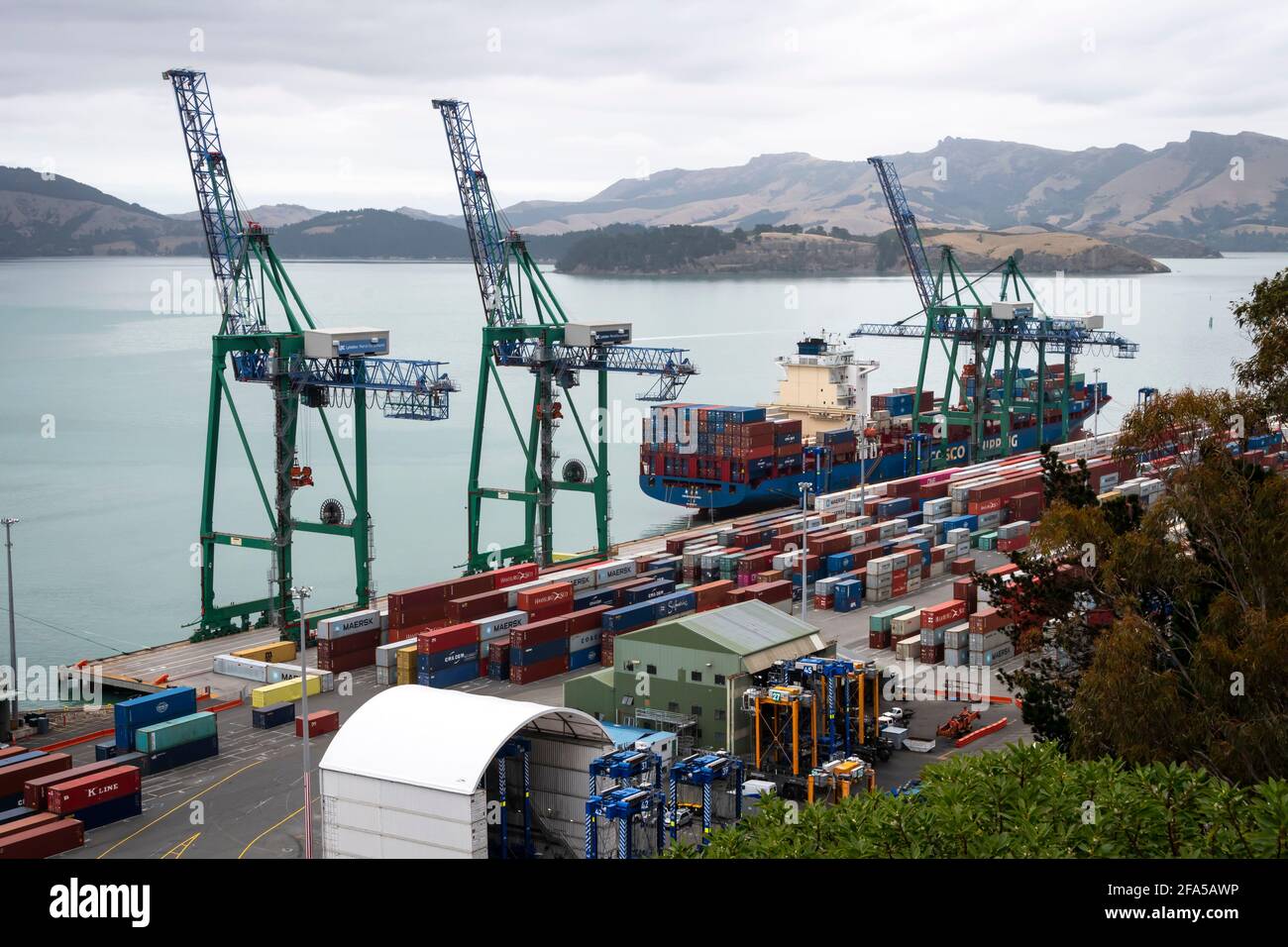 Container Port, Lyttelton, Christchurch, Canterbury, South Island, New Zealand Stock Photo