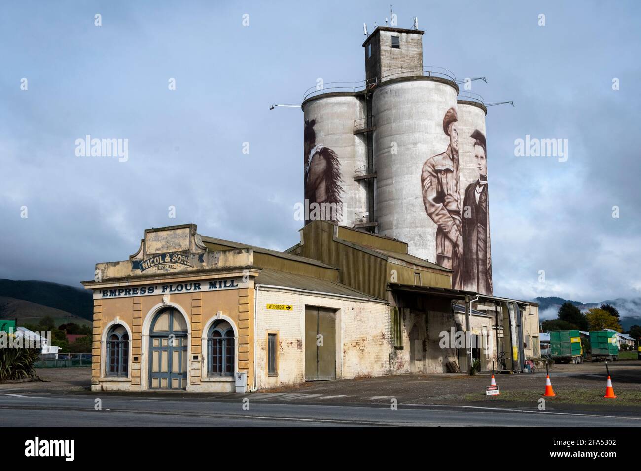 Grain Silos with murals at Empire Flour Mill, Waimate, South Canterbury