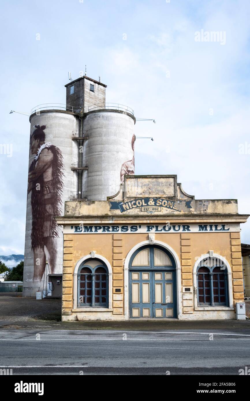 Grain Silos with murals at Empire Flour Mill, Waimate, South Canterbury