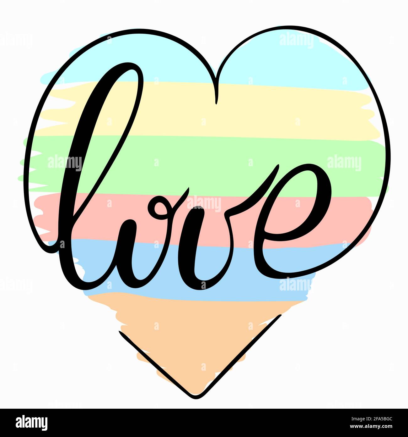 Heart shaped sticker with the word love. Colored rainbow background and lettering.Vector. Stock Vector