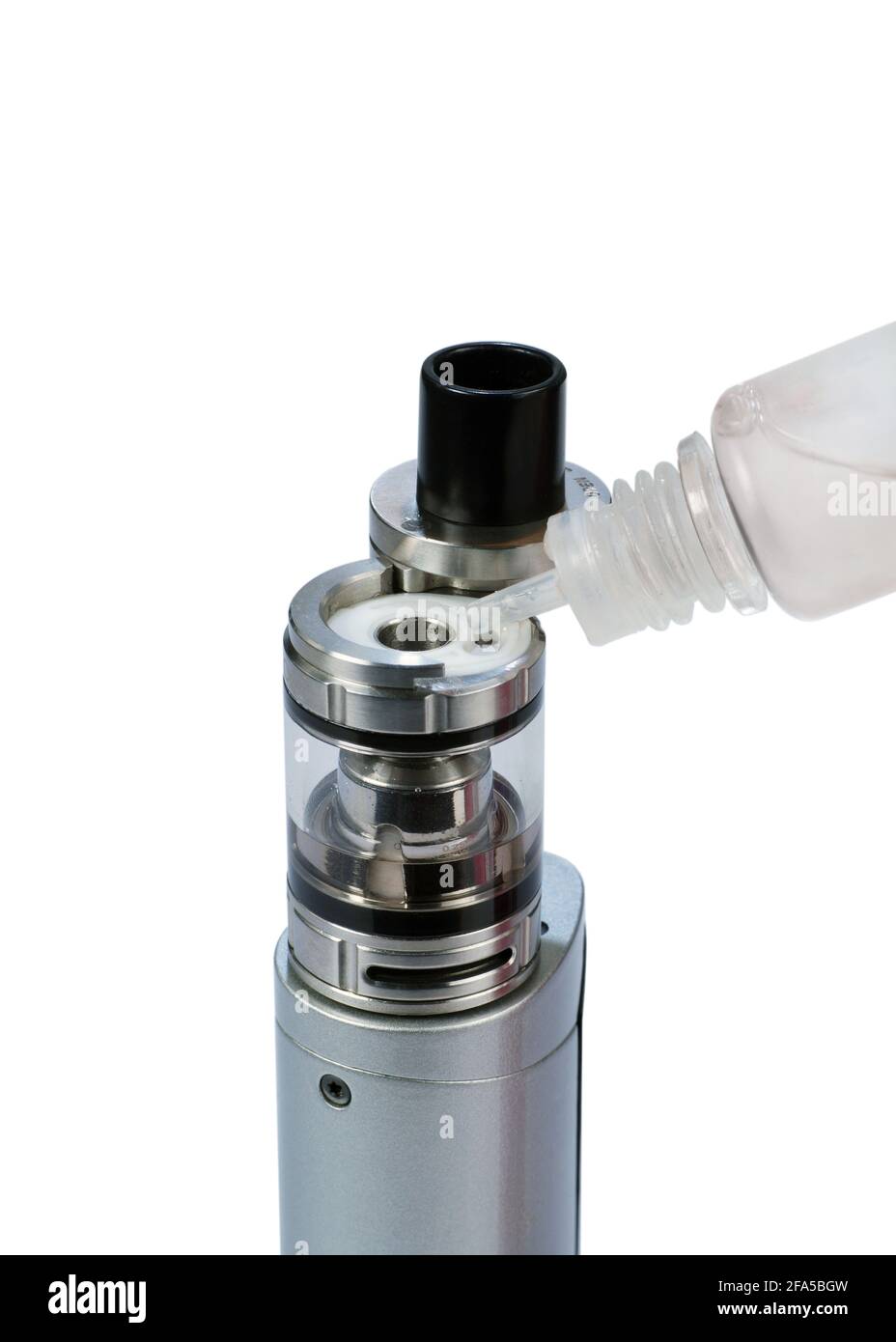 E-cigarette. Filling of atomizer tank with e-liquid on white background  Stock Photo - Alamy