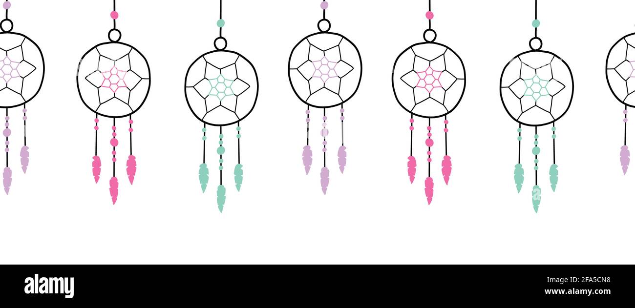 Seamless dreamcatchers border vector illustration. Hand drawn dream