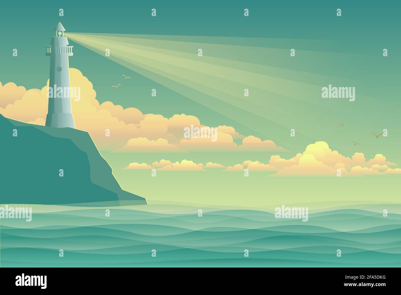 Seascape with lighthouse and waves. Marine vector illustration Stock ...