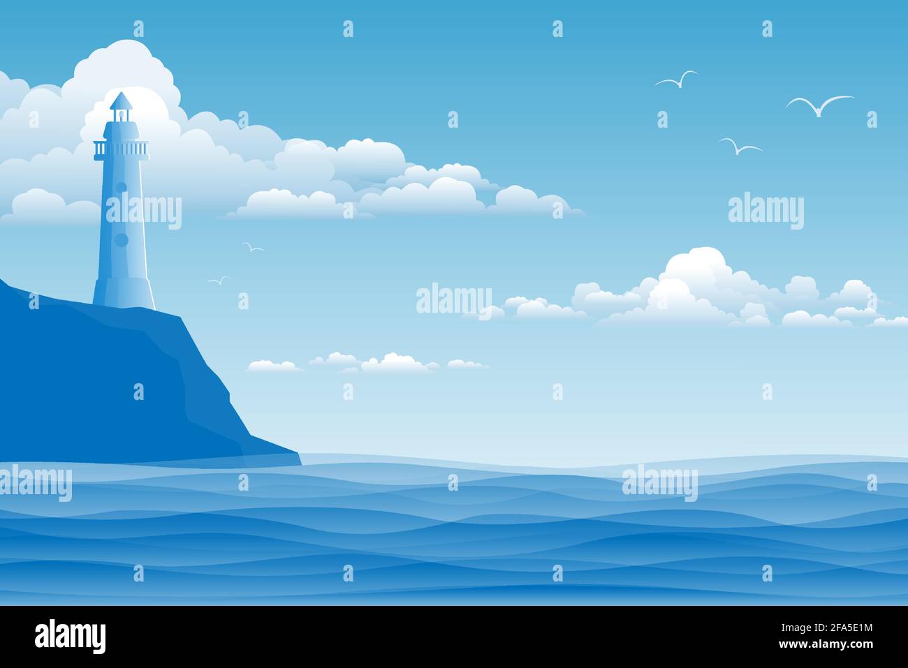 Seascape with lighthouse and waves. Marine vector illustration Stock ...