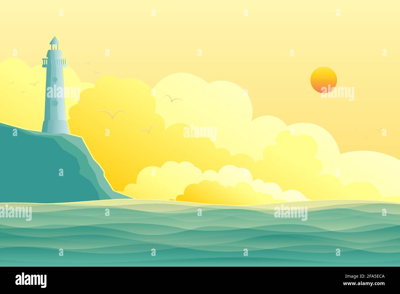 Seascape with lighthouse and waves. Marine vector illustration Stock ...