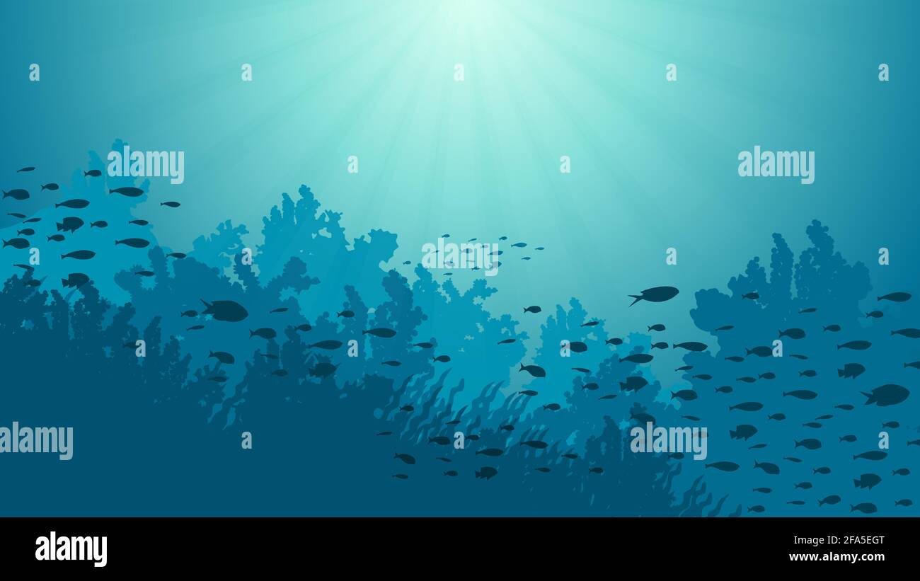 Underwater Background with Fishes, Sea plants and Coral Reefs Stock ...