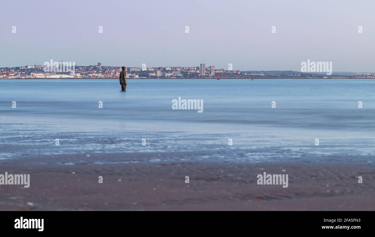 High tide at Another Place, the art installation on Crosby beach near