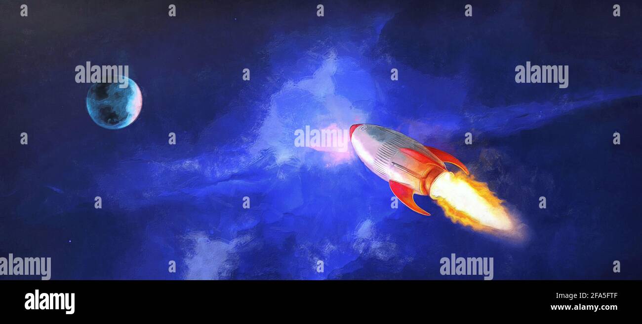 Space rocket on the background of the galaxy. Panoramic view. Artistic work Stock Photo