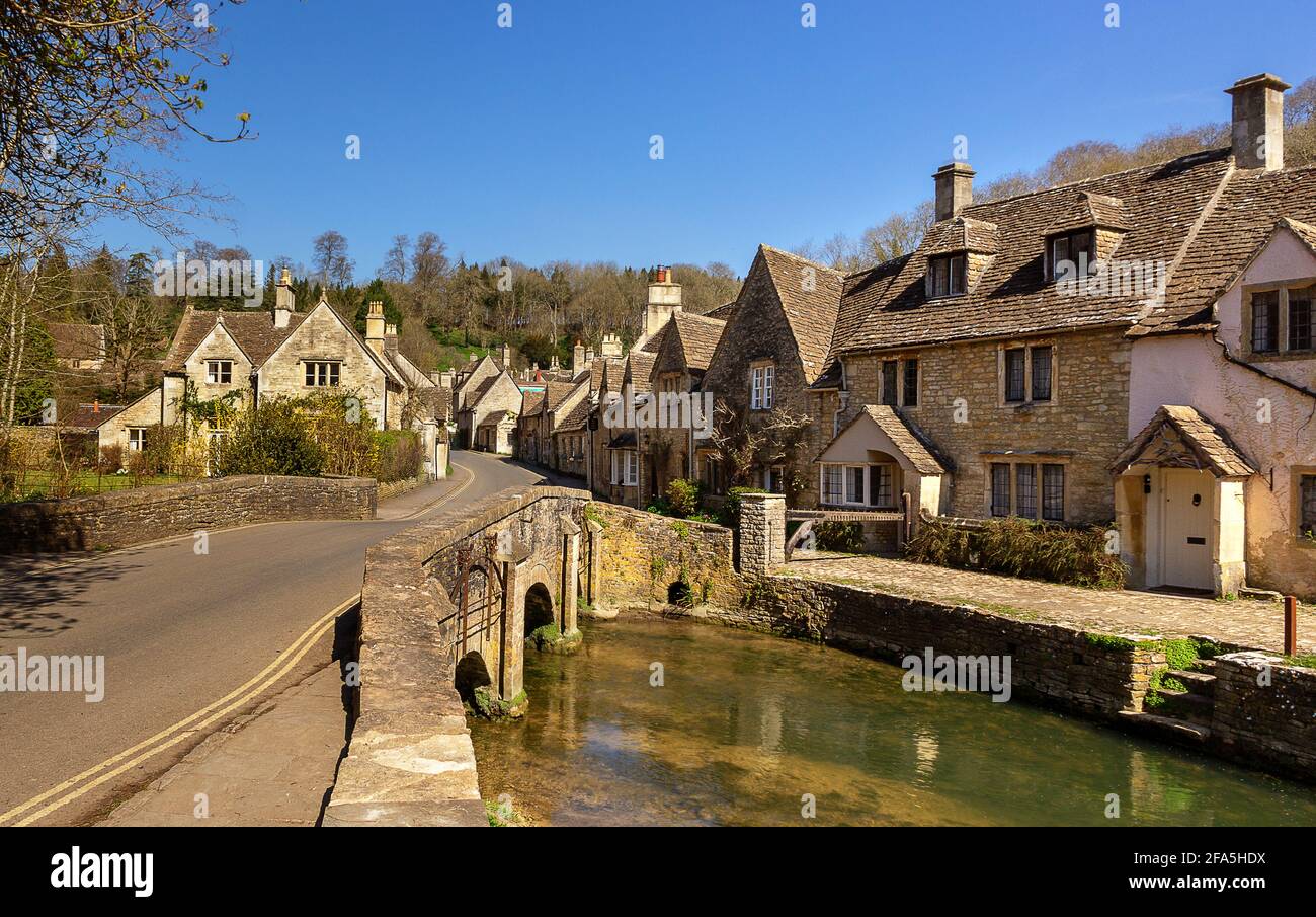 Castle Cambe is a pcturesque English village in the Cotswolds in the county of Wiltshire in southwestern England. Stock Photo