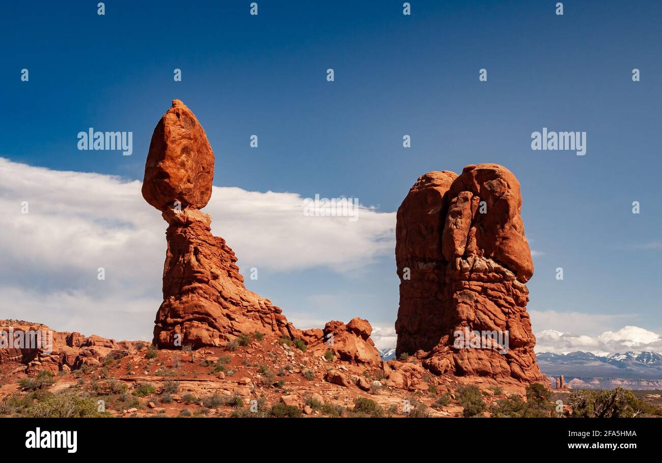 Balanced Rock is an iconic rock formation within Arches National Park, Utah, United States. Stock Photo
