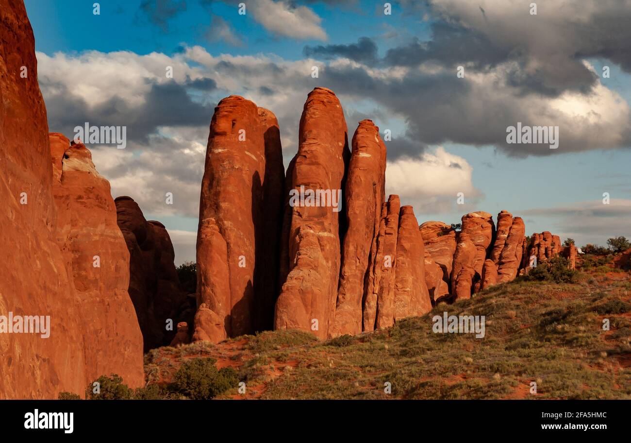 The red sandstone finns are part of Arches National Park called the Fiery Furnace. It is located near Moab, Utah, United States. Stock Photo