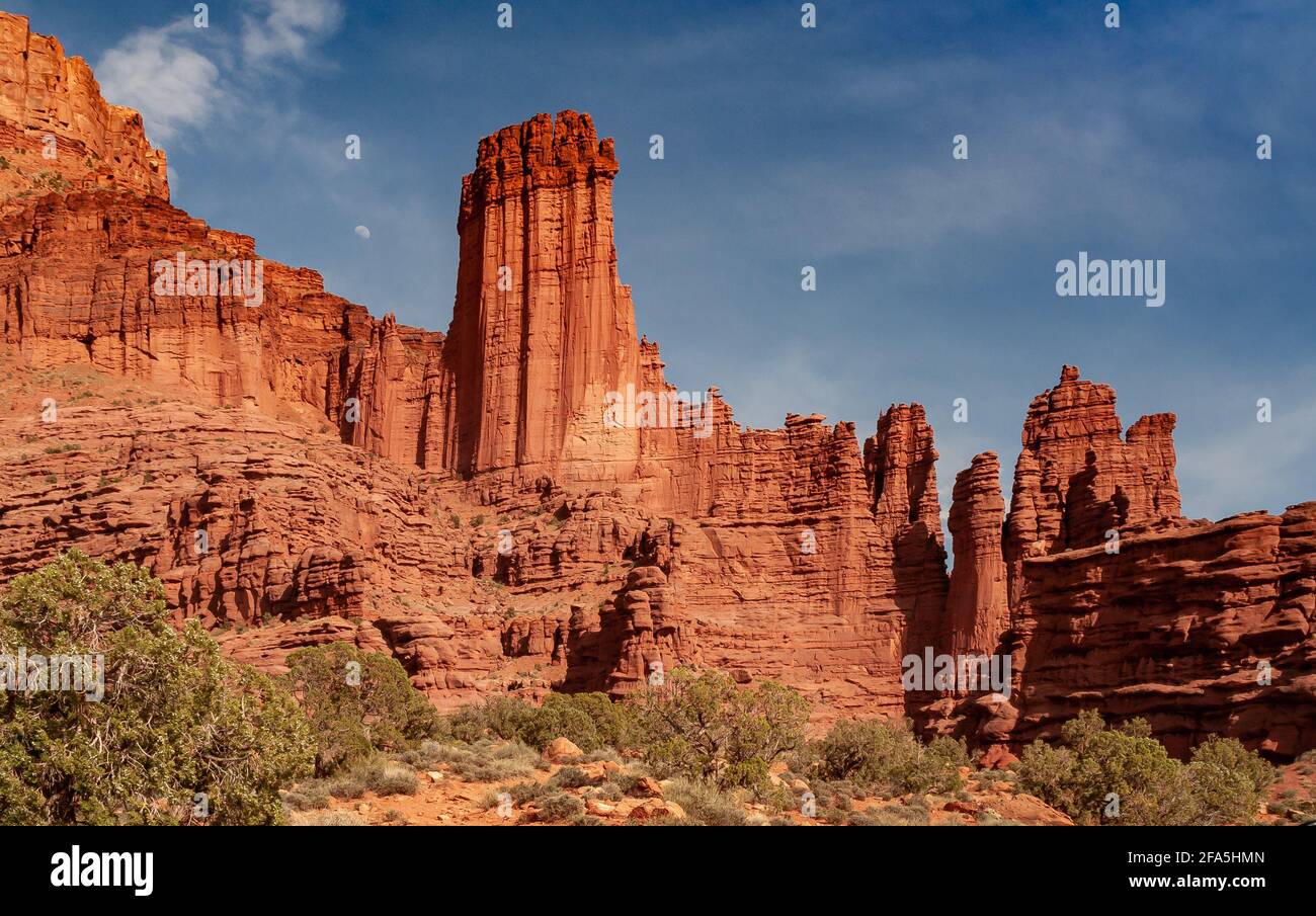 The Fisher Towers are an impressive red sandstone rock formation in the Colorado River Valley near Moab, Utah, United States Stock Photo