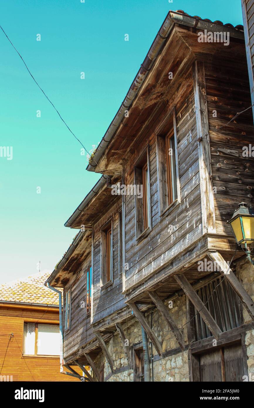 Bulgarian old town nessebar antique architecture, Old vintage looking european architecture wooden house Stock Photo