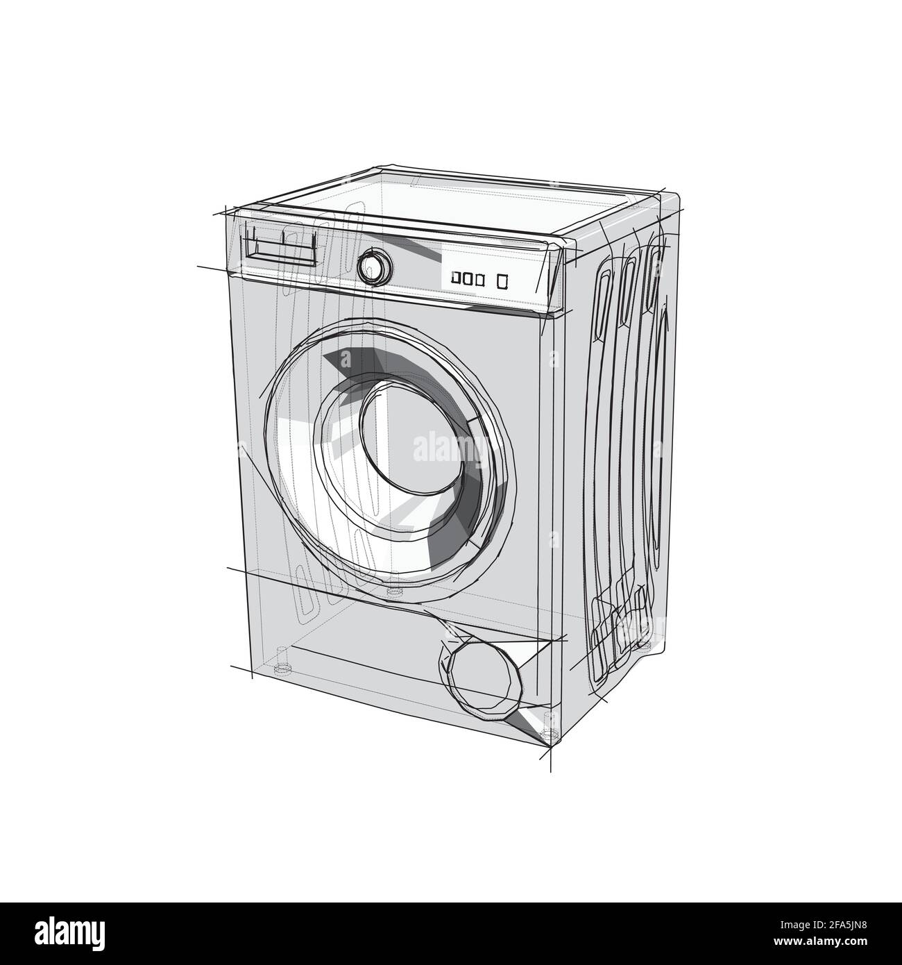 Technical drawing of a washing machine in an architectural style. Schematic vector illustration of a washer on white background Stock Vector