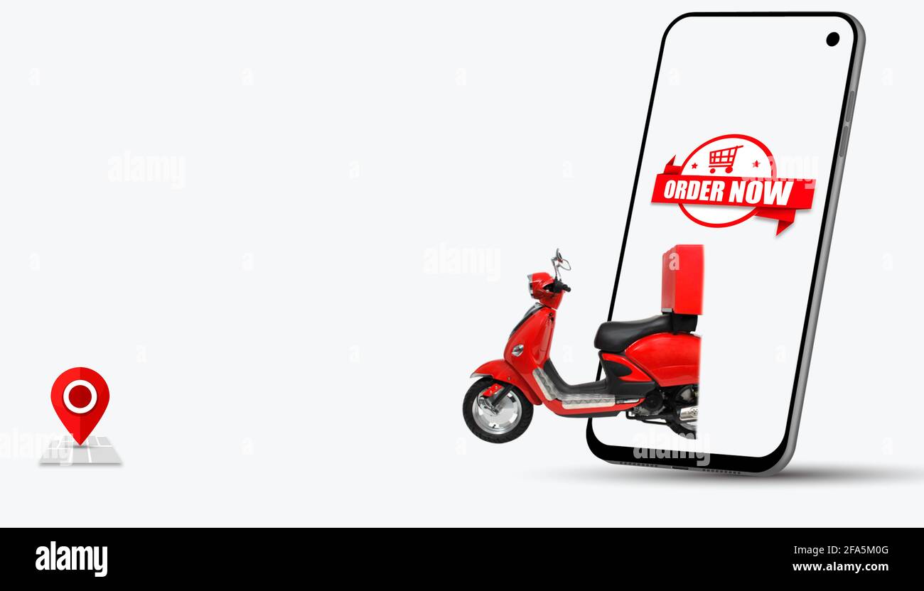E-commerce concept. Delivery scooter, location icon and order now button on  the phone screen, isolated on white background. 3d rendering Stock Photo -  Alamy