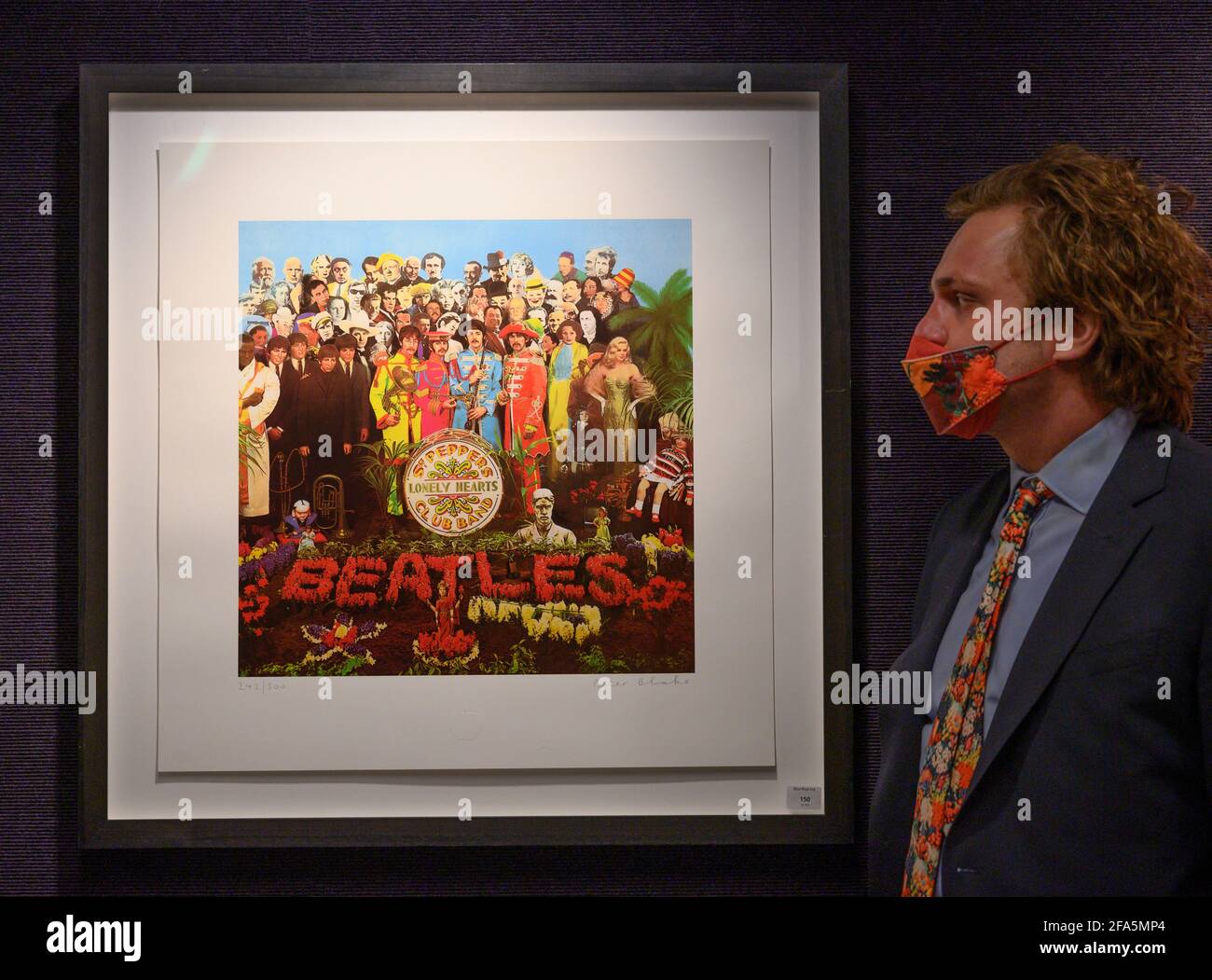 Bonhams, Knightsbridge, London, UK. 23 April 2021. The sale of Prints & Multiples will take place at Bonhams on 28 April, and covers works from the 17th to 21st centuries. Image: Sir Peter Blake R.A. (British, born 1932). Sergeant Pepper's Lonely Hearts Club Band, estimate: £3,000-5,000. Screenprint in colours, 2007, signed and numbered 242/500 in pencil, printed by Coriander Studios, London, co-published by PierreOptique Ltd. and Apple Corps, London, to celebrate the 40th anniversary of the artist's Beatles album cover. Credit: Malcolm Park/Alamy Live News. Stock Photo