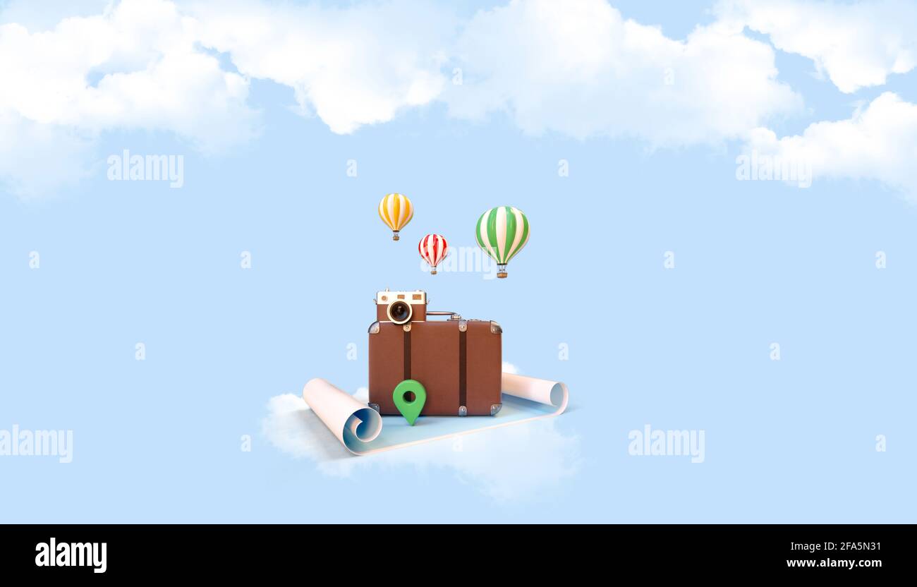 Luggage and hot air balloons on  sky background, 3D rendering.Travel and Holiday concept Stock Photo