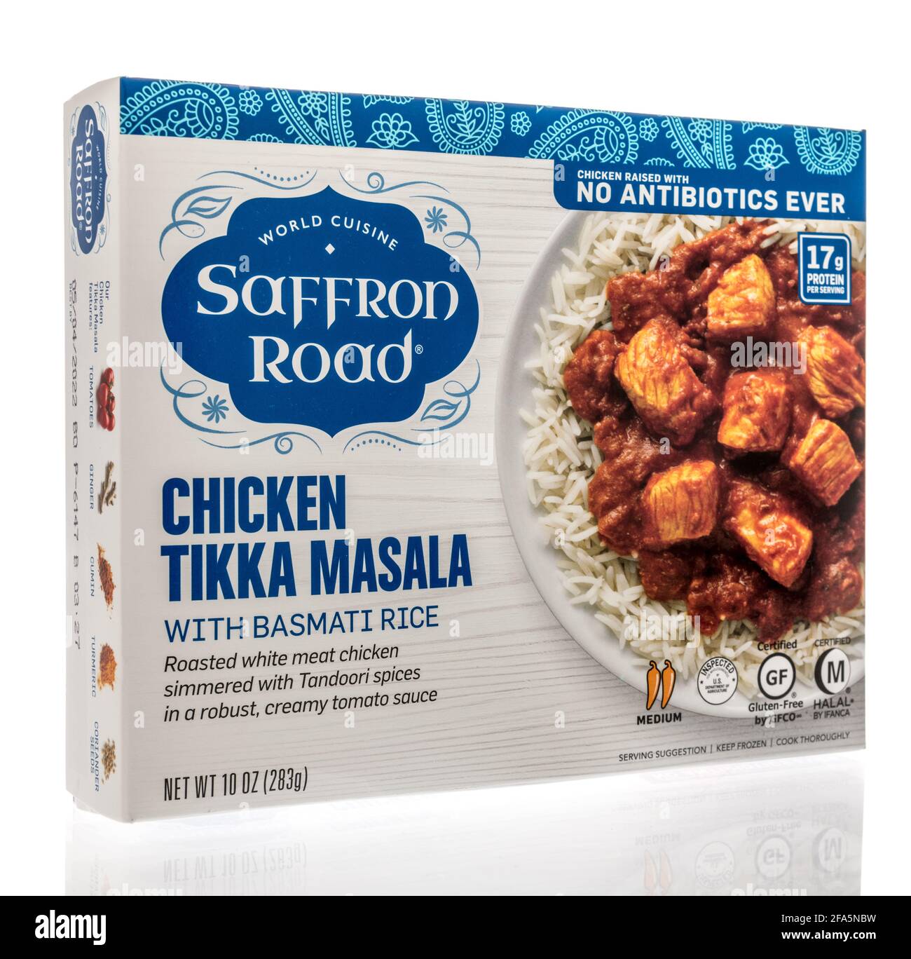 Winneconne, WI 22 April 2021 A package of Saffron Road chicken tikka masala on an isolated