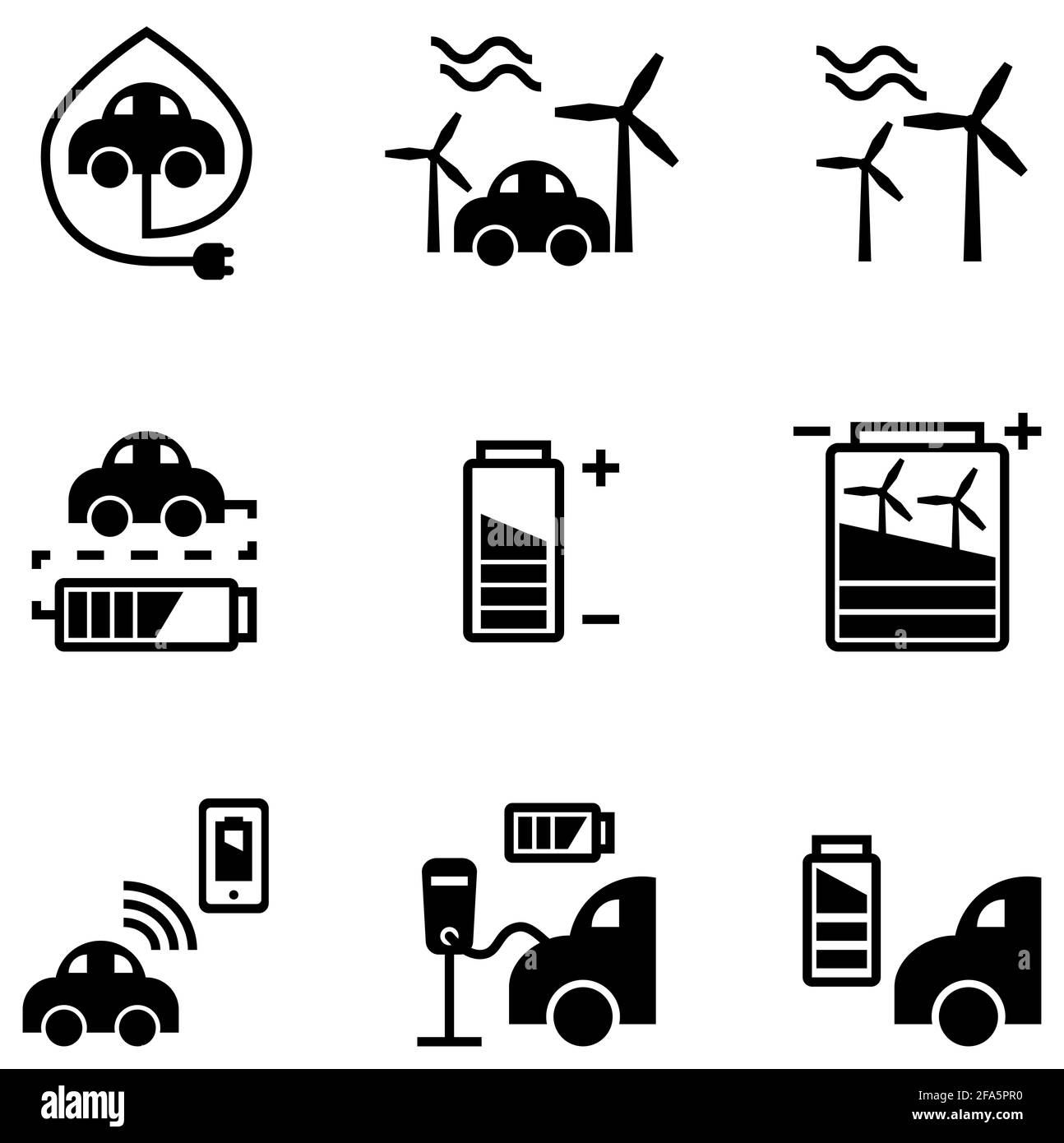 icon set of Electronic vehicle EV charging station and battery and renewable energy source for