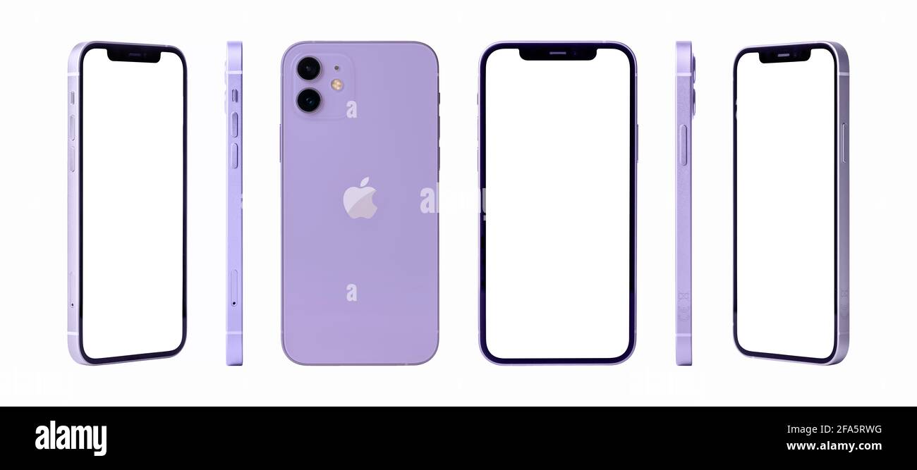 Antalya, Turkey - April 23, 2021: Newly released iphone 12 purple color mockup set with different angles Stock Photo