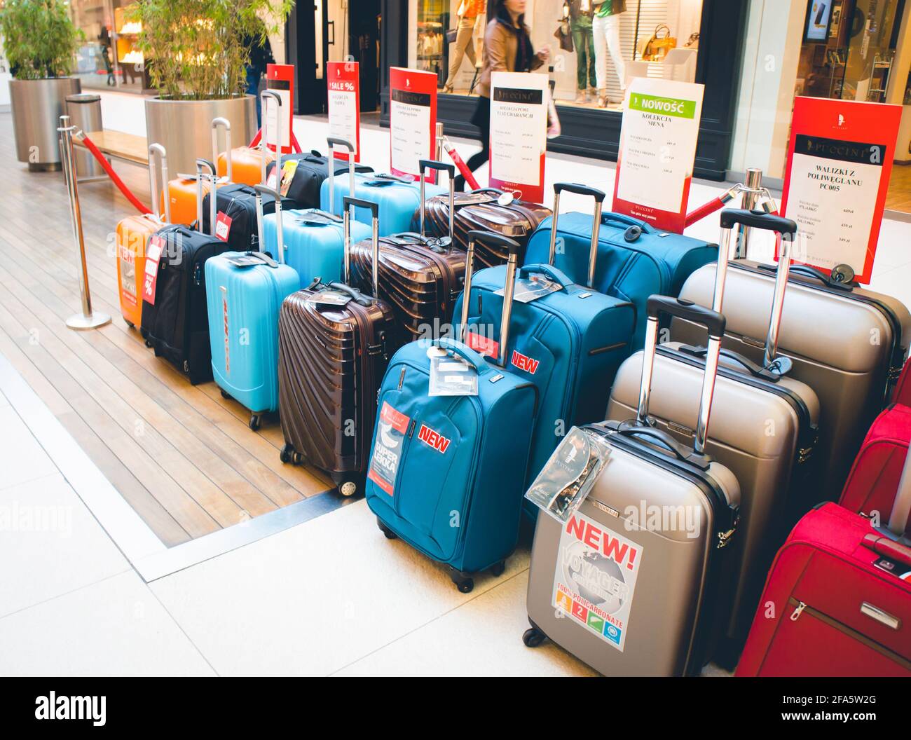 POZNAN, POLAND Oct 28, 2016 Rows of suitcases for sale at the