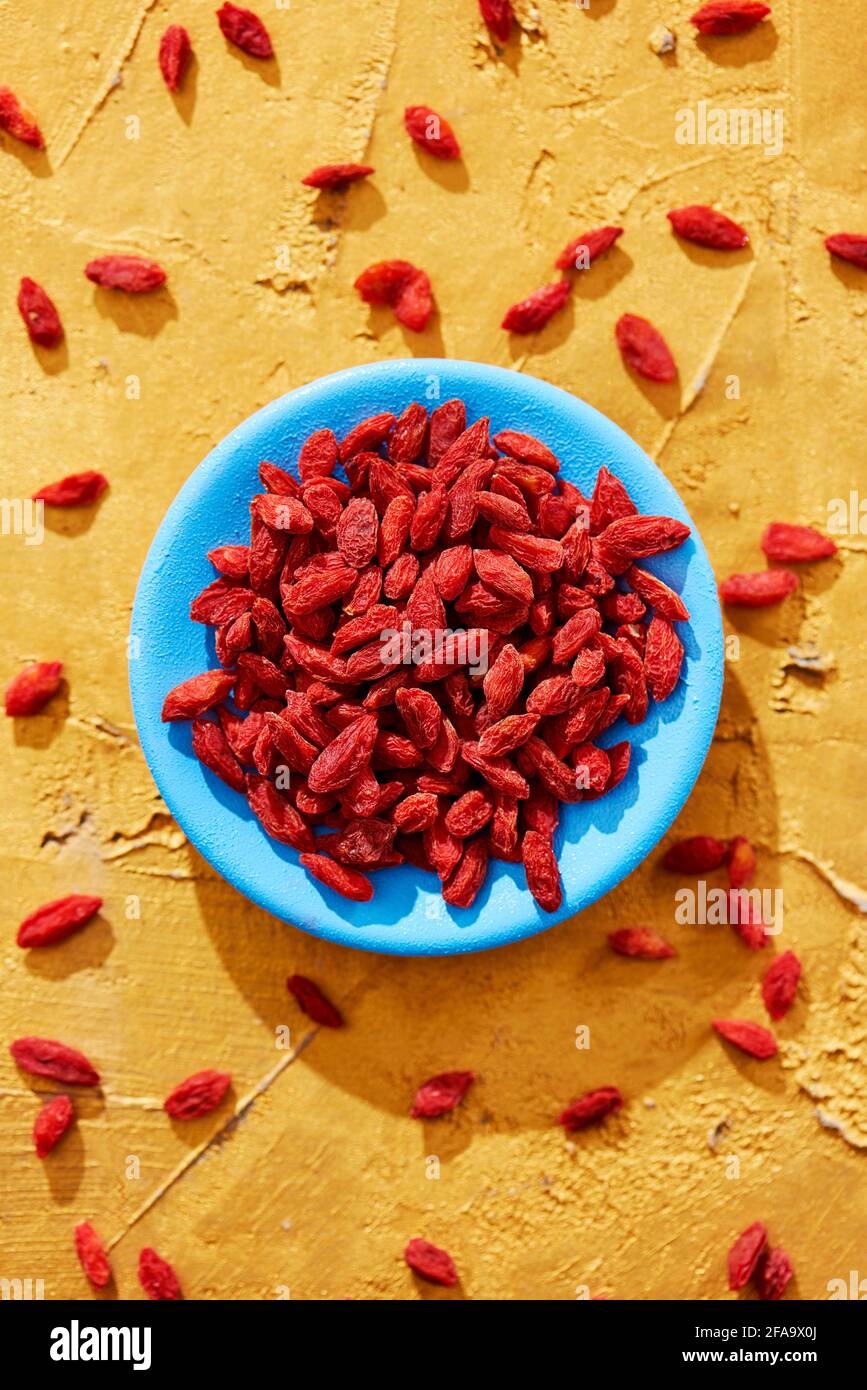 high angle view of a blue plate with some dried goji berries and some other berries sprinkled on a golden textured surface Stock Photo