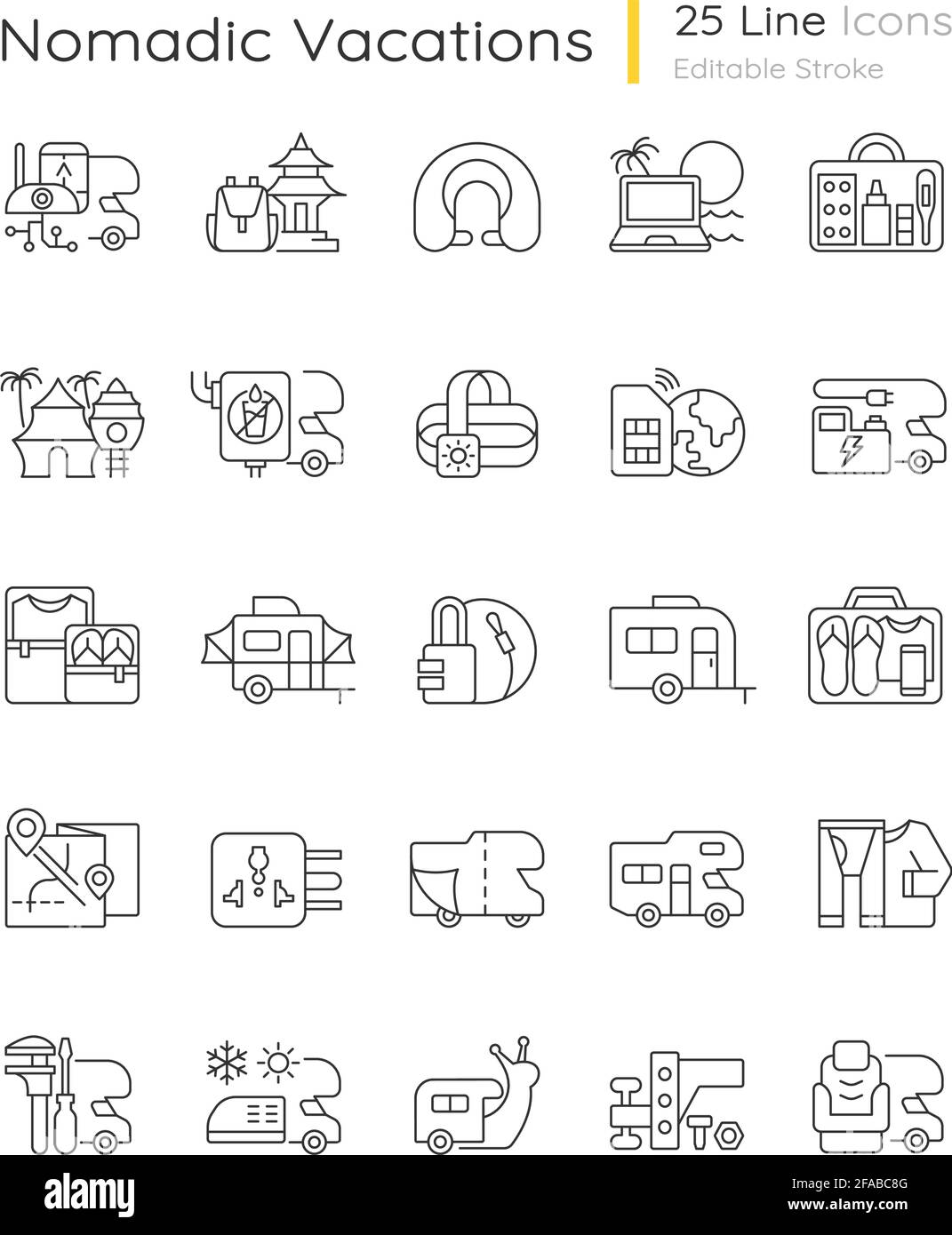 Nomadic vacations linear icons set Stock Vector