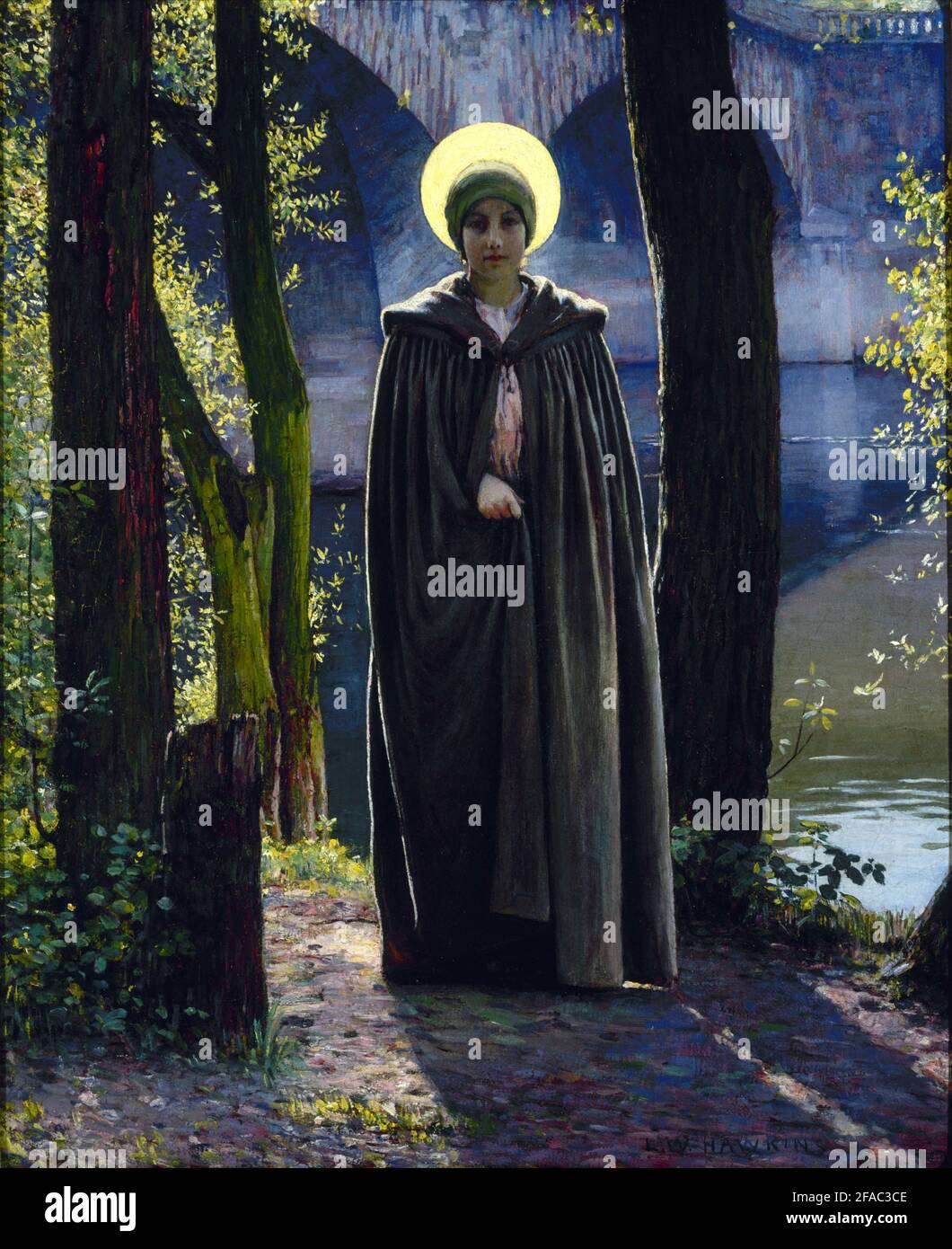 Louis Welden Hawkins artwork entitled My Mistress. A robed woman or goddess stands in a woodland setting. The moon is shining. Mystery is afoot. Stock Photo
