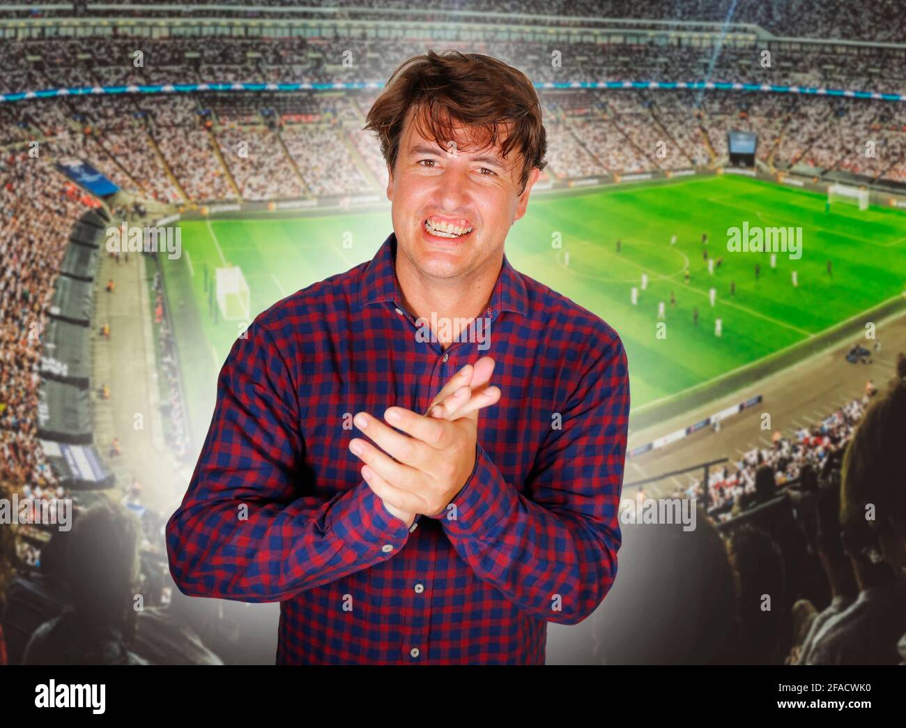composite with happy and excited soccer fan man and football pitch background celebrating his