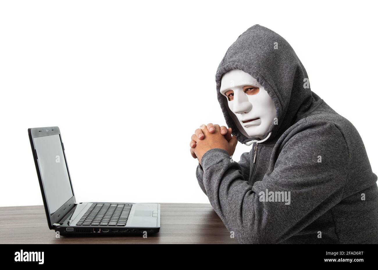 White Mask Of A Computer Hacker Isolated On White Stock Photo