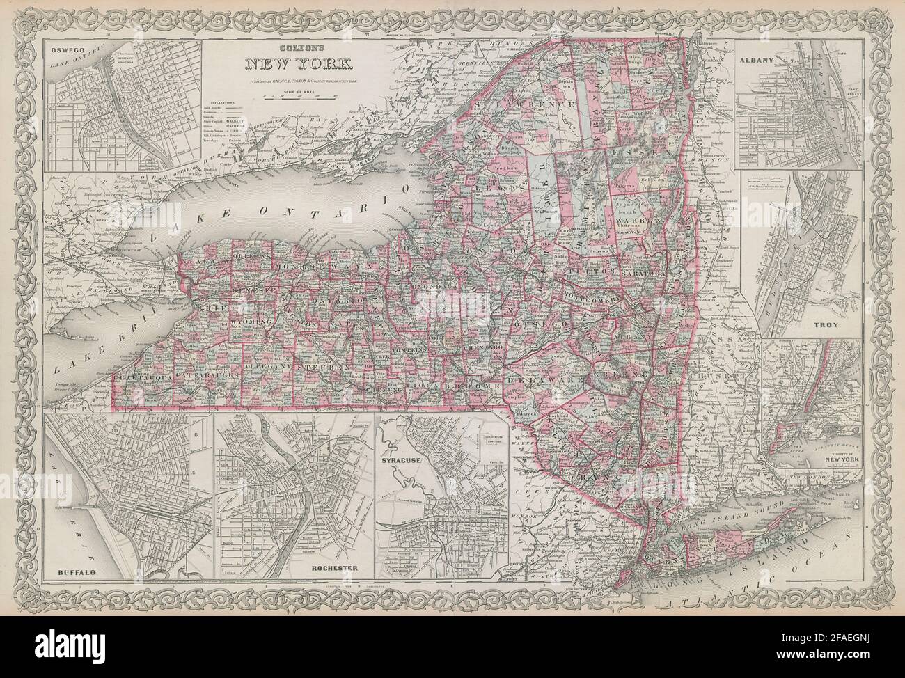 Colton's New York state Oswego Buffalo Rochester Syracuse Troy Albany 1869 map Stock Photo