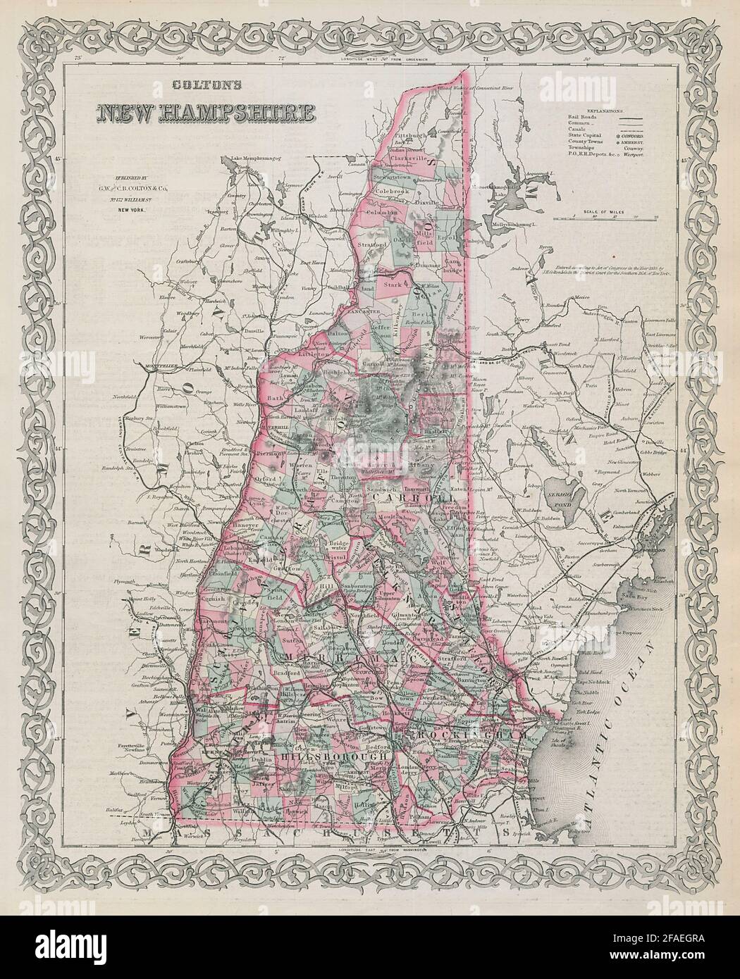 Colton's New Hampshire. Decorative antique US state map 1869 old Stock Photo