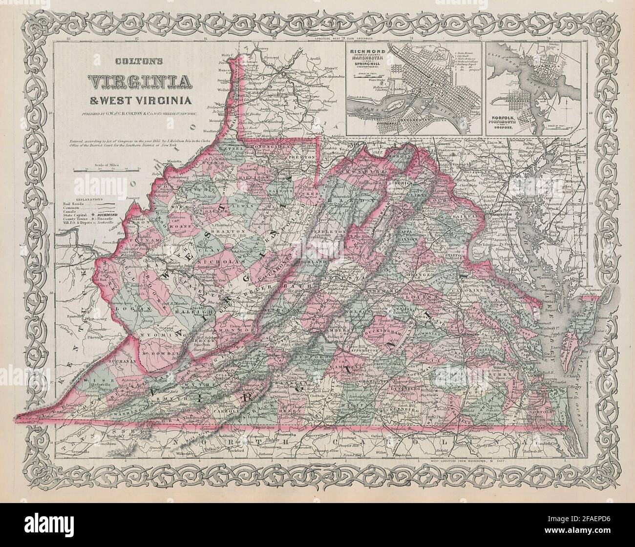Colton's Virginia & West Virginia. Antique state map. Richmond Norfolk 1869 Stock Photo