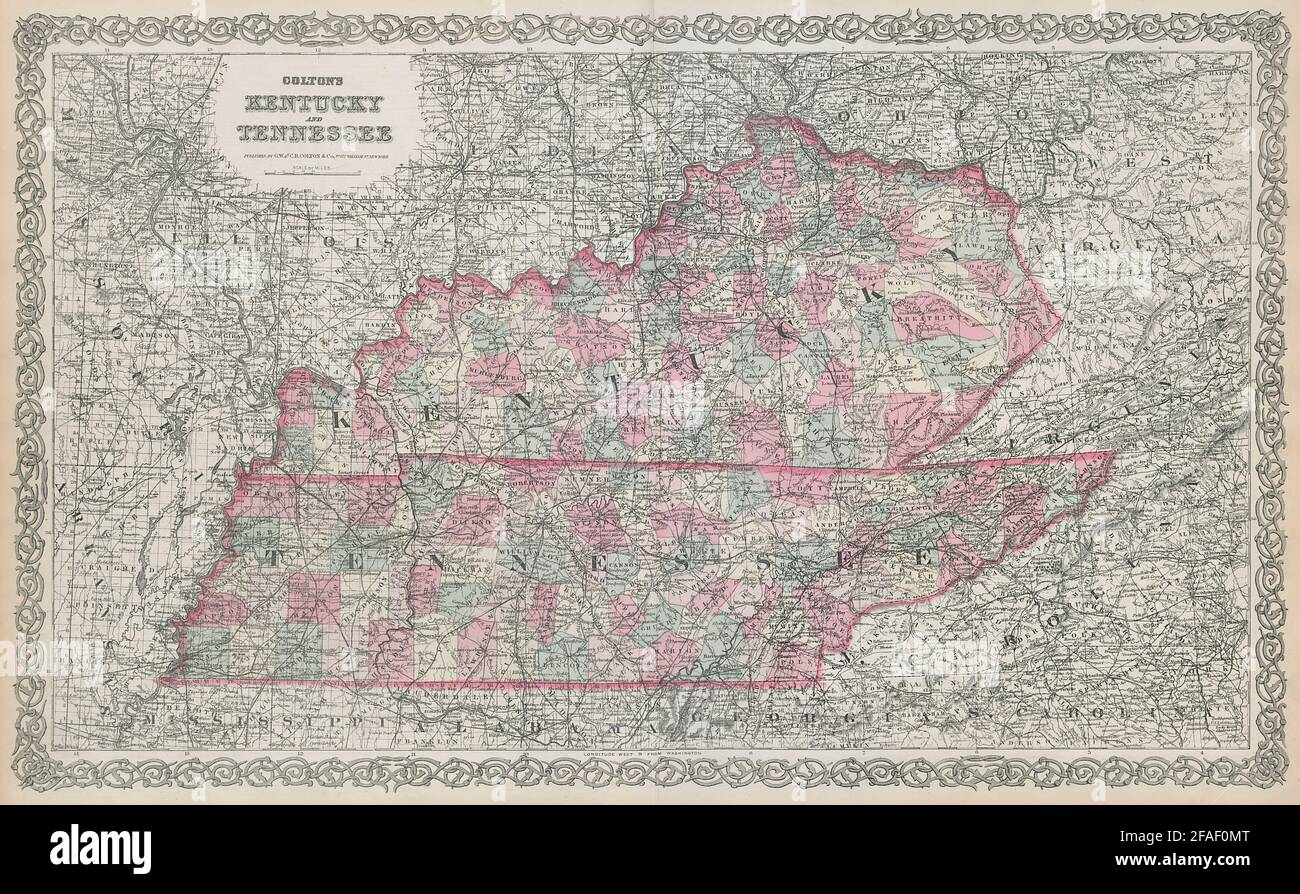 Colton's Kentucky and Tennessee. Decorative antique US state map 1869 old Stock Photo