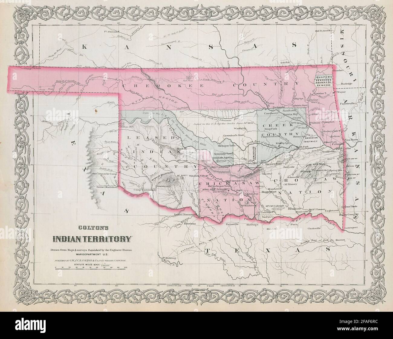 Colton's Indian Territory. Oklahoma. Cherokee Chickasaw Creek Nations 1869 map Stock Photo