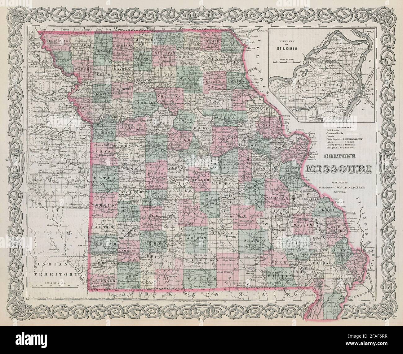 Colton's Missouri. Decorative antique US state map 1869 old chart Stock Photo