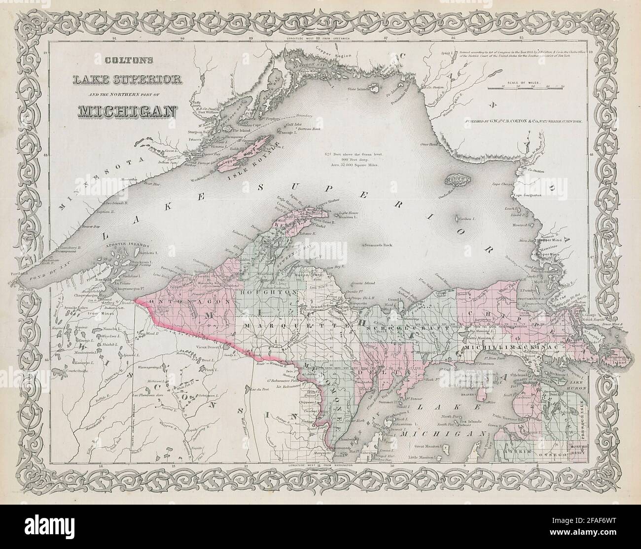Colton's Lake Superior and the northern part of Michigan. US state map 1869 Stock Photo
