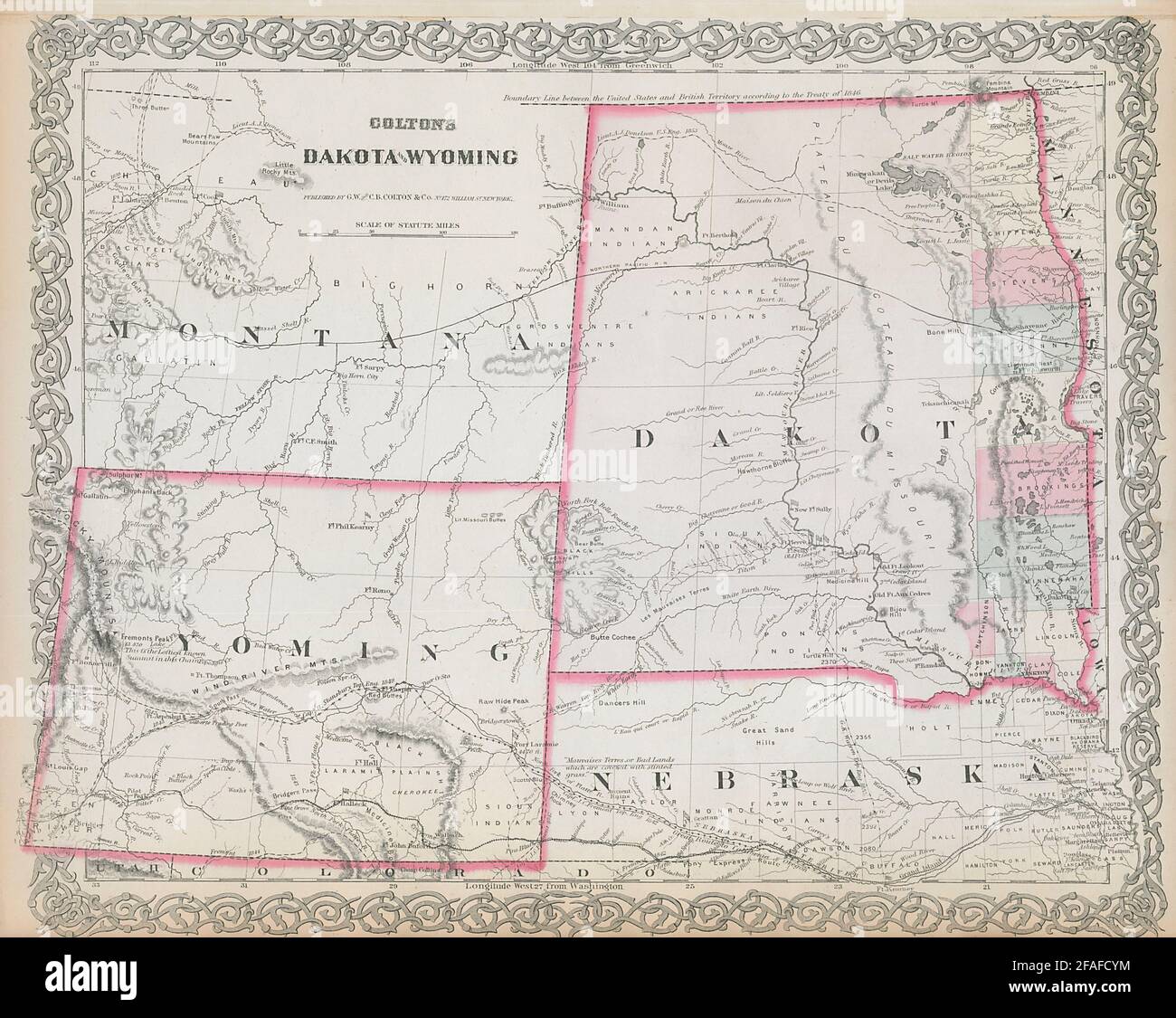 Colton's Dakota & Wyoming. Decorative antique US state map 1869 old Stock Photo