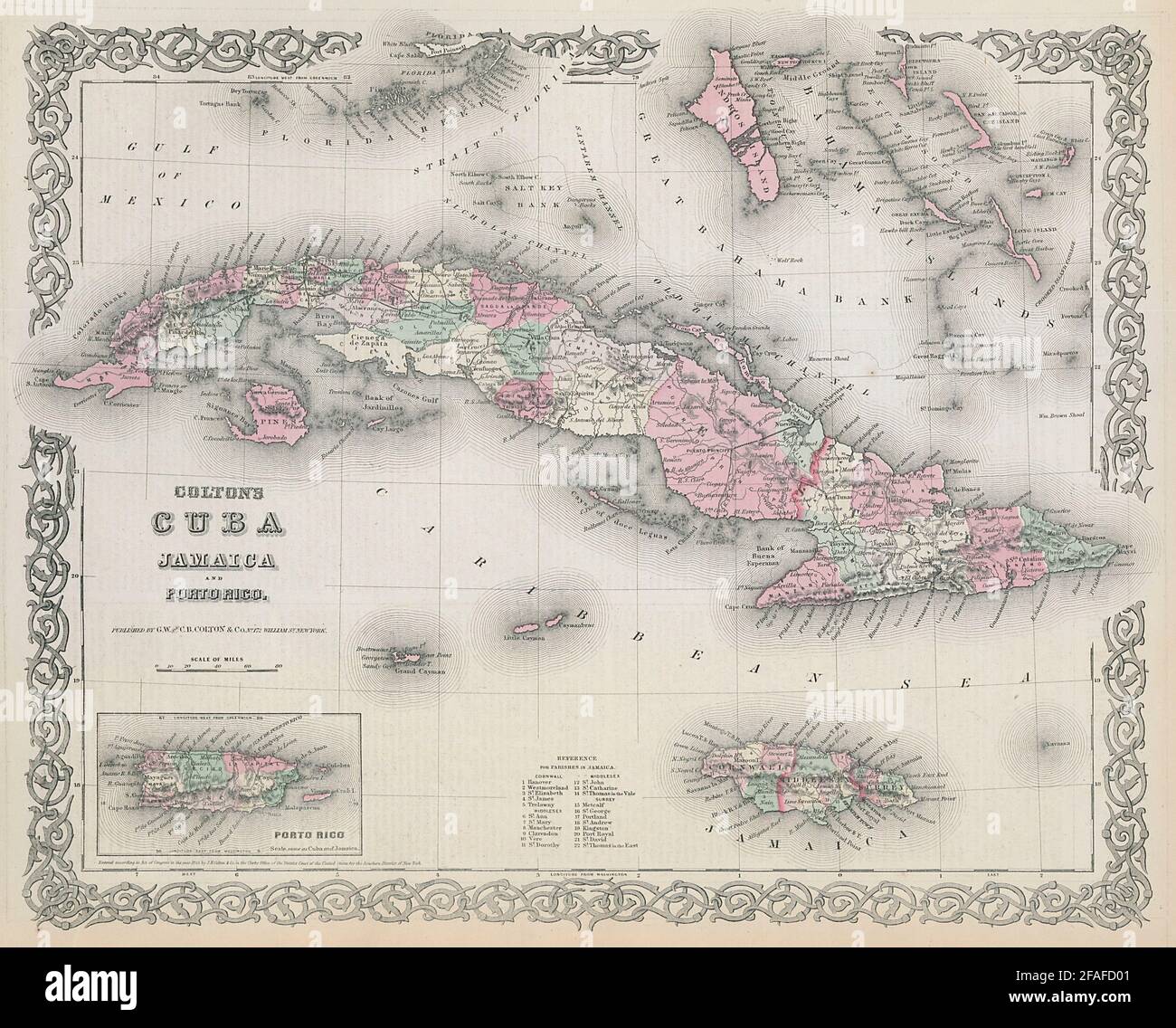 Colton's Cuba, Jamaica and Porto Rico. Puerto Rico. Bahamas 1869 old map Stock Photo