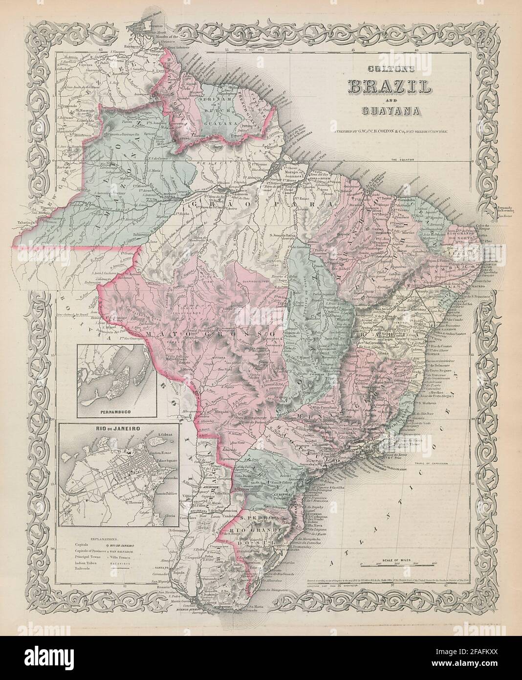 Colton's Brazil & Guayana. Rio de Janeiro plan. Guyanas. Antique map 1869 Stock Photo