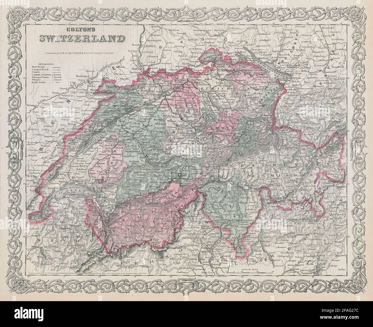Colton's Switzerland in Cantons. Suisse Schweiz. Decorative antique map 1869 Stock Photo