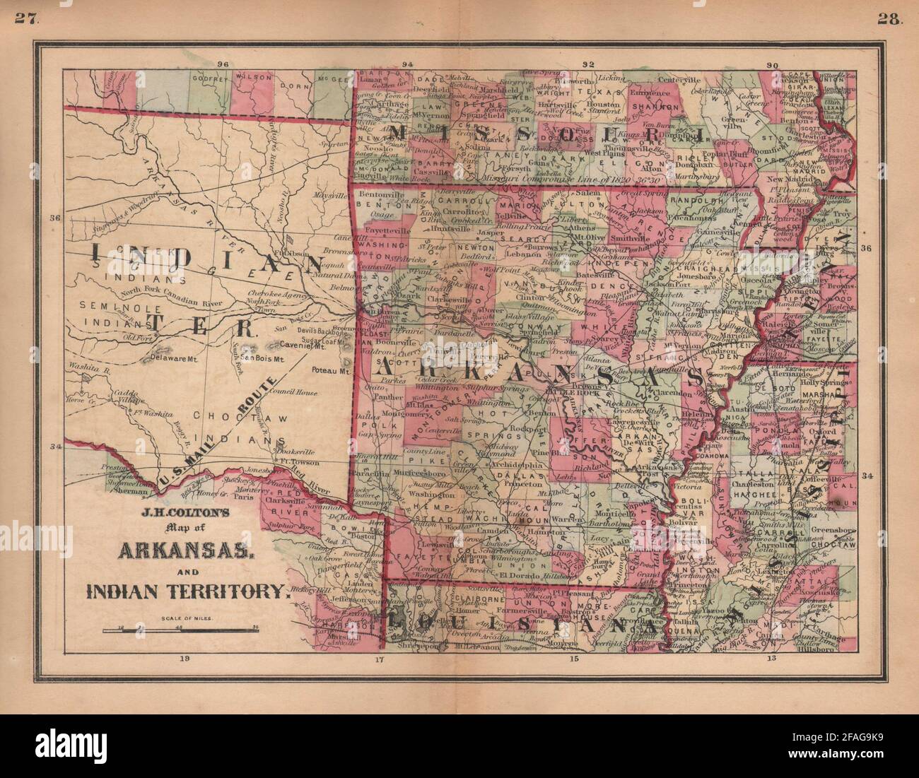 J. H. Colton's map of Arkansas and Indian Territory. Oklahoma 1864 old Stock Photo