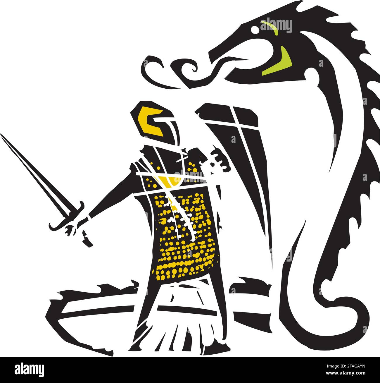 Woodcut expressionist style image of saint george fighting a dragon Stock Vector